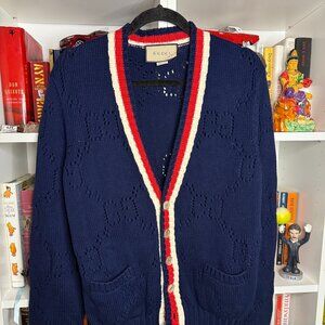 Authentic GUCCI Cardigan Perforated GG Cotton Cardigan in Blue
